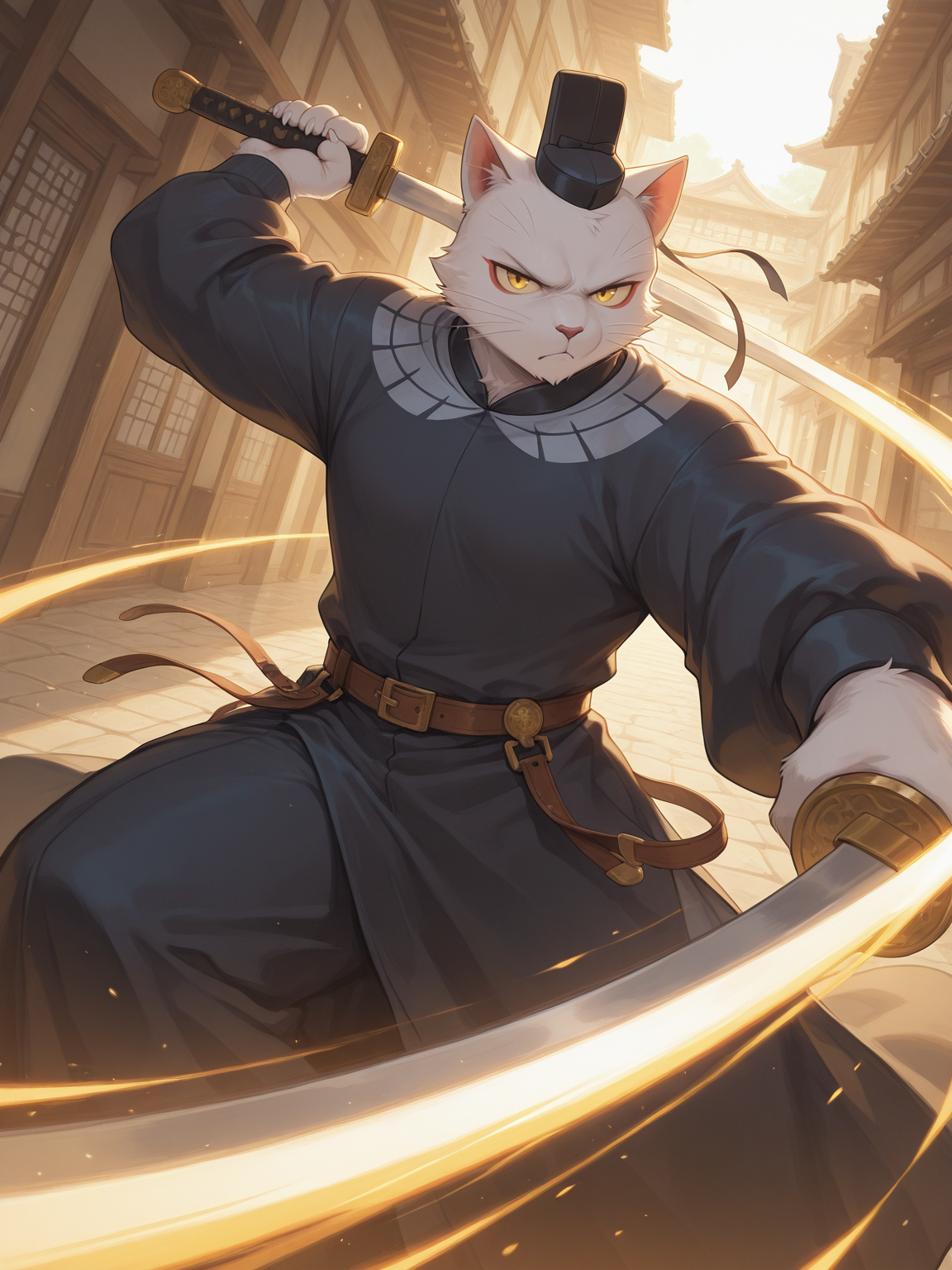 <lora:LiBing-illustriousXL-New-000016:0.8>,libing,1boy,furry,solo,cat boy,furry male,mature male,male focus,official uniform,official hat,black hat ribbon,belt,yellow eyes,Tsundere,serious,holding sword,sunlight,glowing,slashing,white claws,chinese traditional architecture,looking_at_viewer,
cover,digital painting,artwork,anime style,masterpiece,best quality,amazing quality,