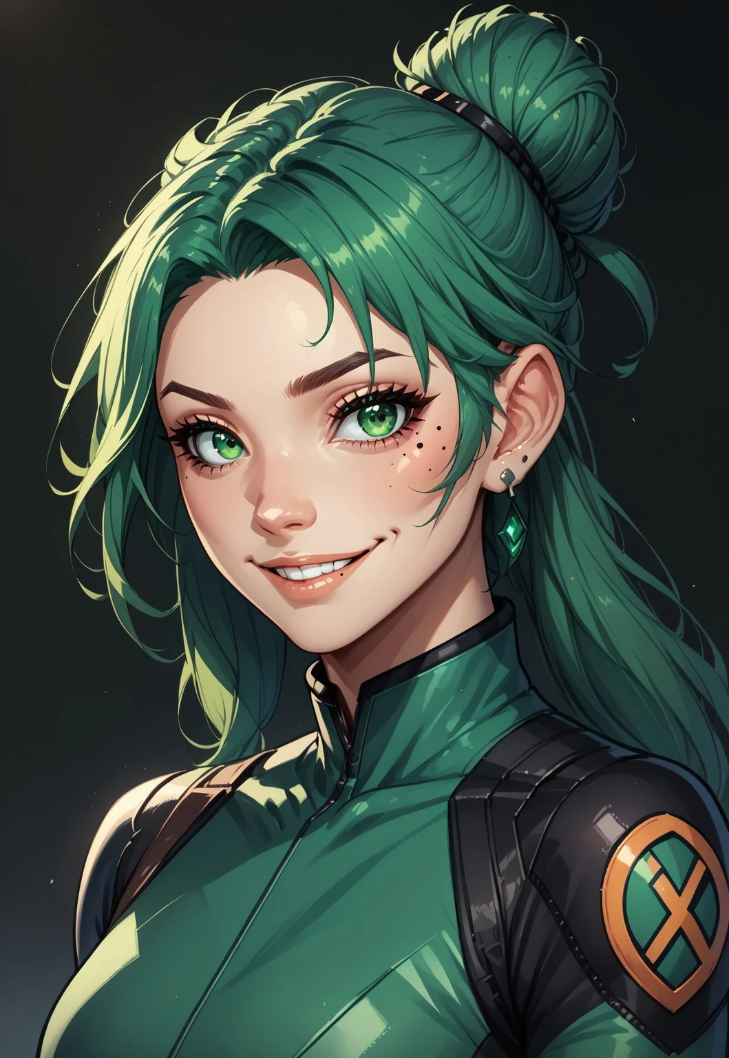 synxomix, 1girl, solo, green hair, green eyes, mole, mole under eye, looking at viewer, jewelry, hair bun, single hair bun, hair behind ear, parted lips, earrings, long hair, smile, black background, portrait, simple background, bodysuit, illustration, comic art style, BREAK PonyXLV6_Scores