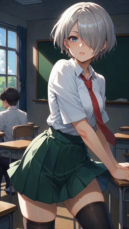 score_9,score_8_up,score_7_up,score_6_up, <lora:xl_more_art-full_v1:0.5>, source_anime, girl, dynamic pose, arms at her side, <lora:Reiko Yanagi (Emily) - Pony:0.8>, short hair, grey hair, hair covering one eye, blue eyes, school uniform, white shirt, red necktie, green skirt, pleated skirt, black thighhighs, classroom, solo focus, solo,