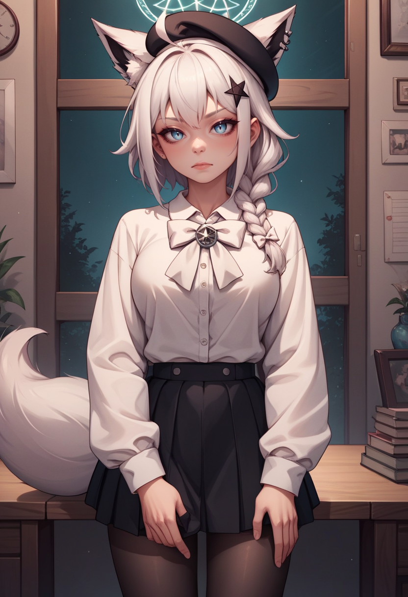 score_9, score_8_up, score_7_up, score_6_up, score_5_up, score_4_up, rating_explicit,  BREAK,  <lora:fubukiXL-10:0.75> fubukicasual, white shirt, white bow, beret, black skirt, black pantyhose, white hair, single side braid, ahoge, piercing, fox tail, pentagram chin in hand