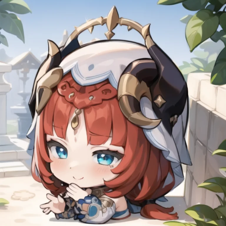 masterpiece, best quality, chibi, 1girl, solo, nilou_genshin, close-up, face focus, red hair, headdress, horns, waving, smiling<lora:GenshinStickers:1> <lora:Nilou:0.8>