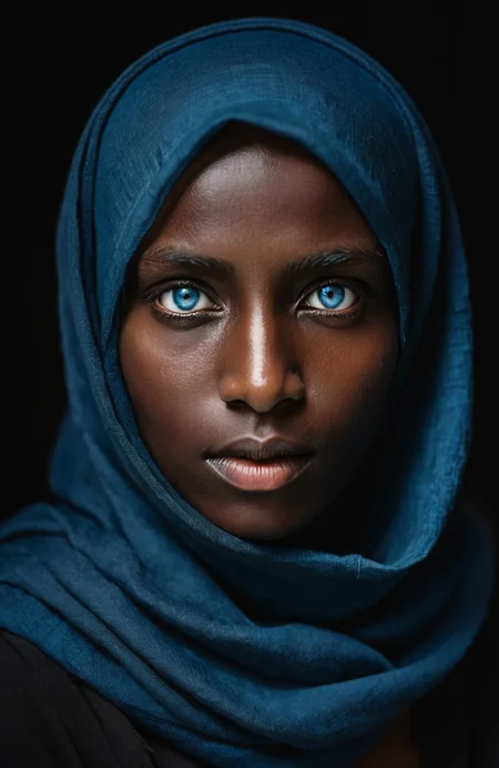 A photo of a person with (striking blue eyes:1.3), dark complexion, draped in a (black headscarf:1.2), (piercing gaze:1.2), subtle facial features, high contrast against (dark background:1.1), (depth in eyes:1.2), natural light highlighting face, sharp focus, portrait orientation, Canon EOS R, 1/80s, f/2.8, ISO 100, (soulful expression:1.3), intimate portrait, profound narrative, (rich texture detail:1.1), fine art photography