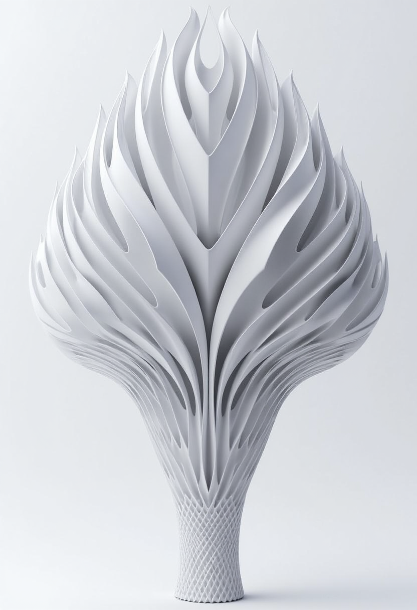 intricate yfg-patt3rn of, a 3D rendering of a white flower with a complex, woven petal structure, surreal digital art.