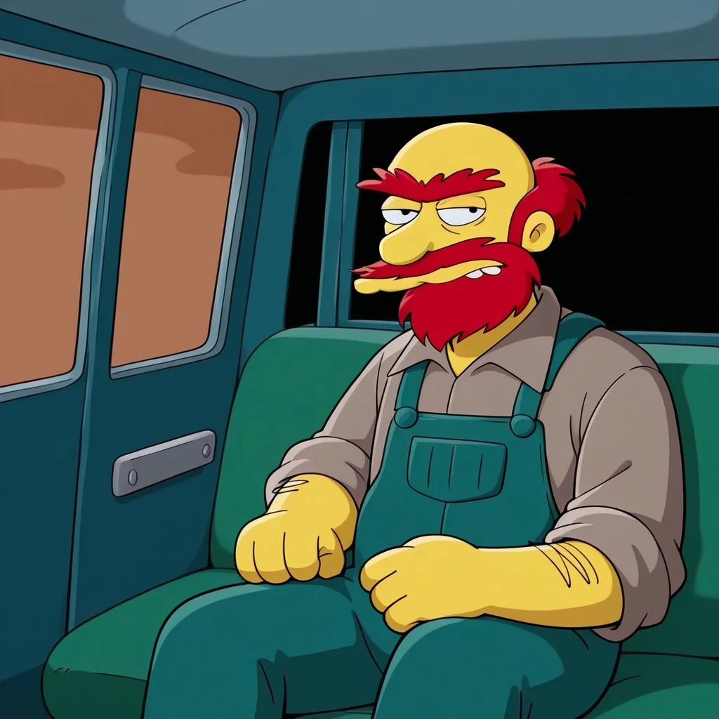 core_9, score_8_up, score_7_up, score_6_up, score_5_up, score_4_up, detailed background, detailed face, 1boy, solo, Groundskeeper Willie, green overalls, half-bald, blue overalls, blue pants, Simpsons style, red beard, middle age, male, red monobrow, red-haired