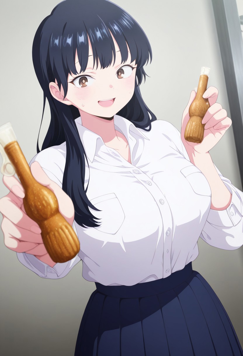 masterpiece, best quality, amazing quality, 1girl, solo, anna yamada, long hair, bangs, black hair, brown eyes, mature female, breasts, anime screencap, skirt, shirt, school uniform, white shirt, pleated skirt, collared shirt, sweatdrop, blue skirt, pocket, shirt tucked in, papico, food, giving, smile, open mouth, looking at viewer, dynamic angle,