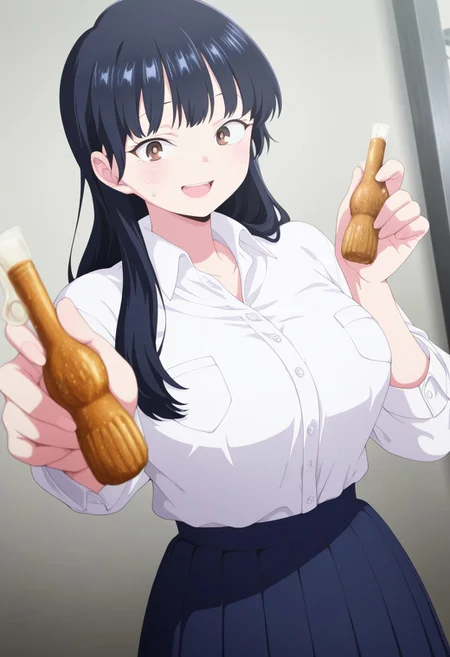 masterpiece, best quality, amazing quality, 1girl, solo, anna yamada, long hair, bangs, black hair, brown eyes, mature female, breasts, anime screencap, skirt, shirt, school uniform, white shirt, pleated skirt, collared shirt, sweatdrop, blue skirt, pocket, shirt tucked in, papico, food, giving, smile, open mouth, looking at viewer, dynamic angle,