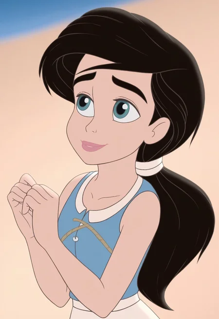 close up,melody,aqua eyes,black hair, ponytail,pink lips,smile,thick eyebrows,arms down,hands down,five fingers,blue shirt,sleeveless,white hairband,blue pantaletts,beach background