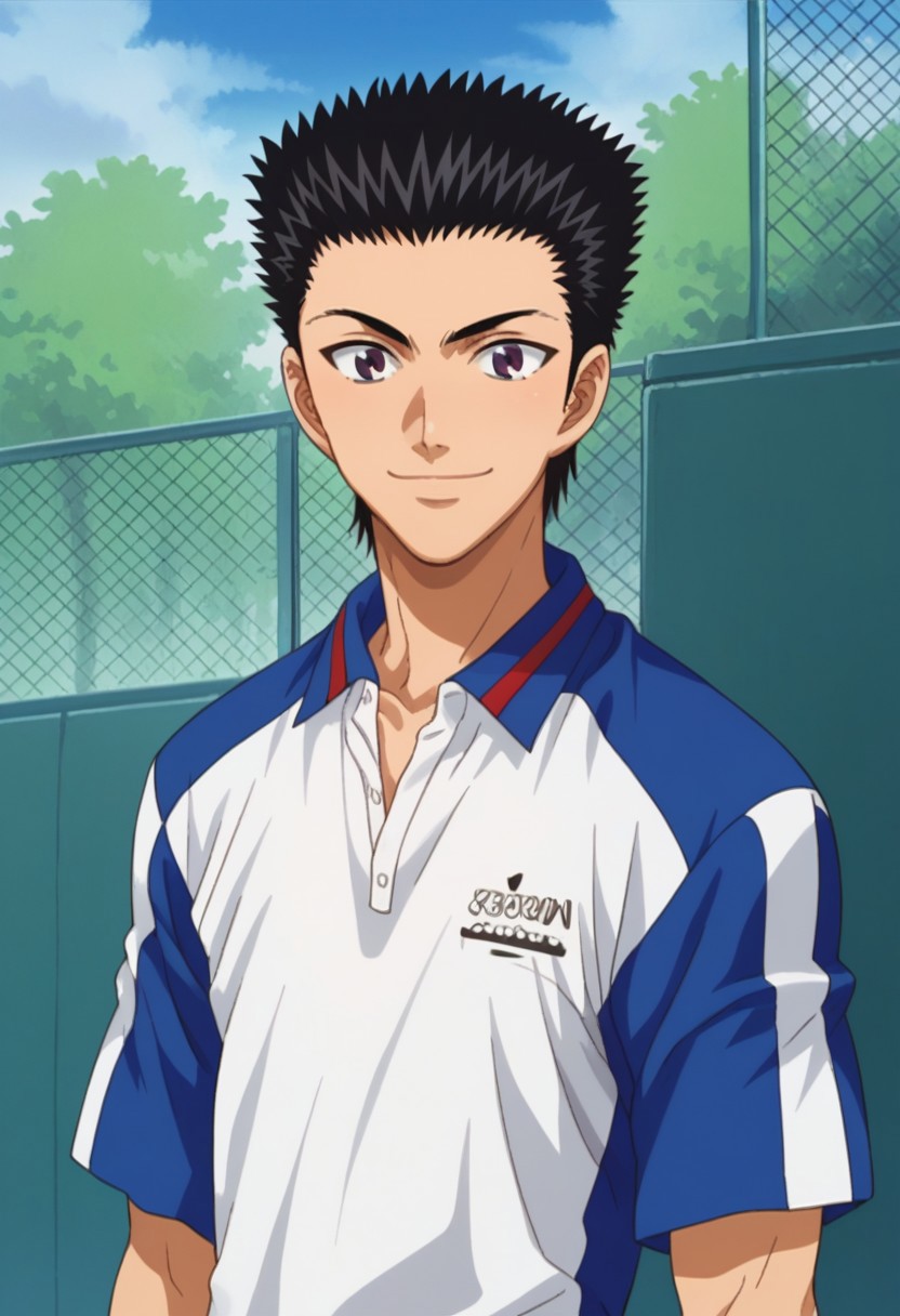 score_9, score_8_up, score_7_up, source_anime, highly detailed, 
takeshi, 
1boy, male focus, solo, black hair, short hair, spiked hair, purple eyes, sportwear, tennis uniform, shirt, polo shirt, white shirt, blue shirt, smile,
outdoor,
