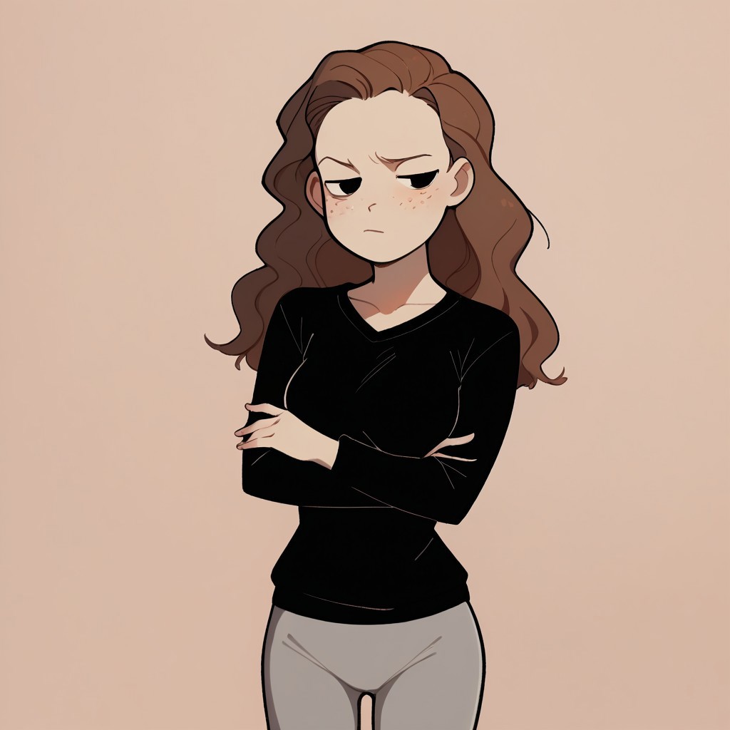 porn, score_9, score_8_up, score_7_up BREAK ebiOL, 1girl, black eyes, wavy brown hair, black sweater, gray leggings, crossed arms, cartoon, uninterested look, source_cartoon, ignoring viewer, cowboy shot,