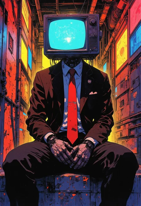 A cyberpunk-inspired character sitting in a narrow futuristic corridor, wearing a sleek black suit with a red tie and robotic gloves. The character's head is replaced by an old TV screen displaying a glowing blue eyeball. Surrounding the figure are vivid neon lights in red, yellow, and blue, casting reflections on metallic walls covered in graffiti and abstract patterns. The atmosphere is dark, chaotic, and vibrant, emphasizing the fusion of technology and dystopian art