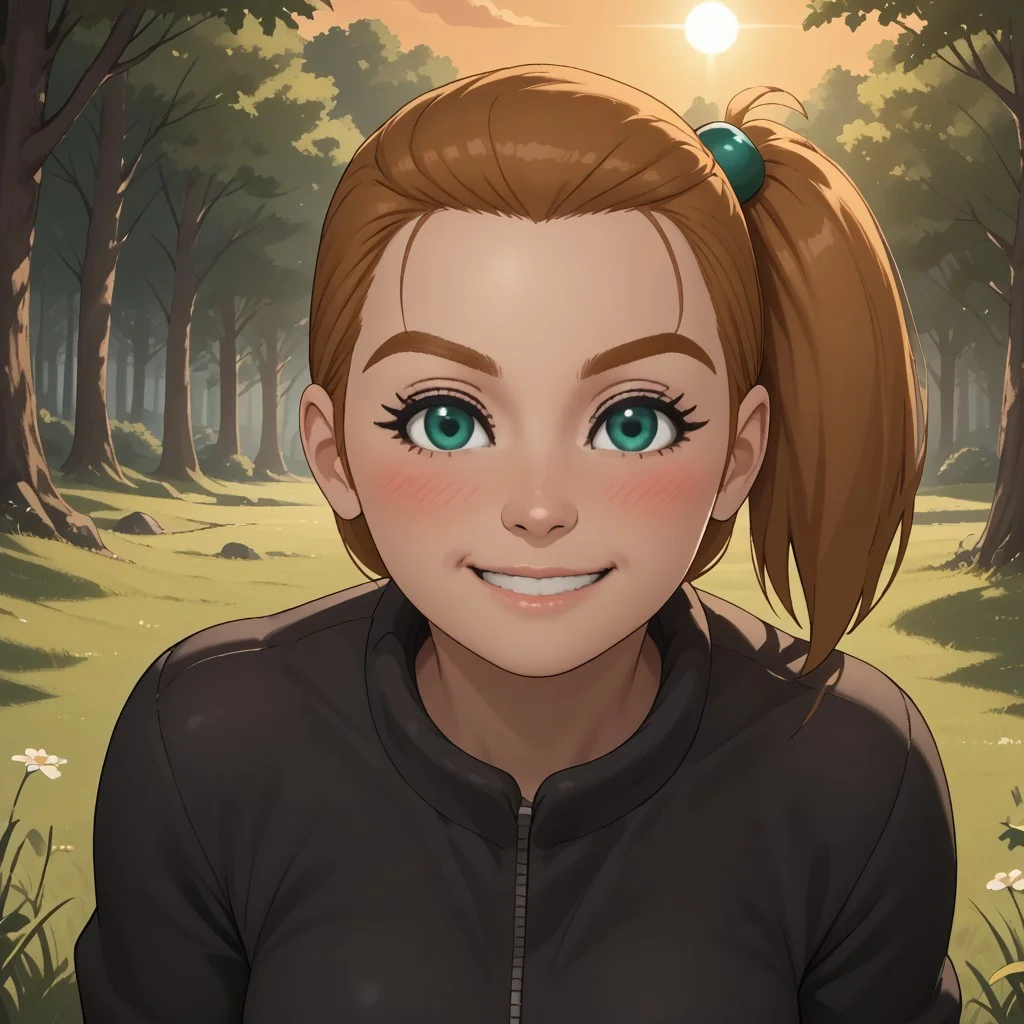 score_9, score_8, BREAK, solo, wii, mii, wii sports, 1girl, female mii, dark blonde hair, side ponytail, dark blonde eyebrows, green eyes, blush, black clothing, black pants, shoes, breasts, nintendo mii, modern_mii, classic_mii, Polly_(Wii_Sports), cute, sexy pose, self portrait, smile, outdoors, sunlight, shadows, evening lighting, natural lighting, forest, trees, grass, orange sky, sunset