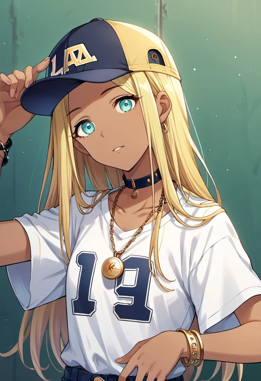 score_9, score_8_up, score_7_up, source_anime, layla, long hair, blonde hair, dark skin, aqua eyes, 1girl, solo, hat, dark-skinned female, jewelry, necklace, baseball cap, looking at viewer, bracelet, shirt, choker