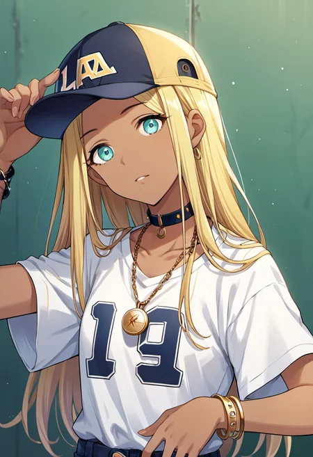score_9, score_8_up, score_7_up, source_anime, layla, long hair, blonde hair, dark skin, aqua eyes, 1girl, solo, hat, dark-skinned female, jewelry, necklace, baseball cap, looking at viewer, bracelet, shirt, choker