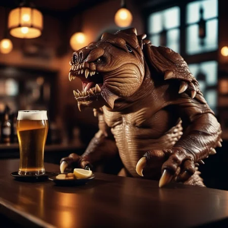 cinematic photo monster, claws, sharp teeth, having a beer in a pub <lora:Rancor1024:0.8> . 35mm photograph, film, bokeh, professional, 4k, highly detailed