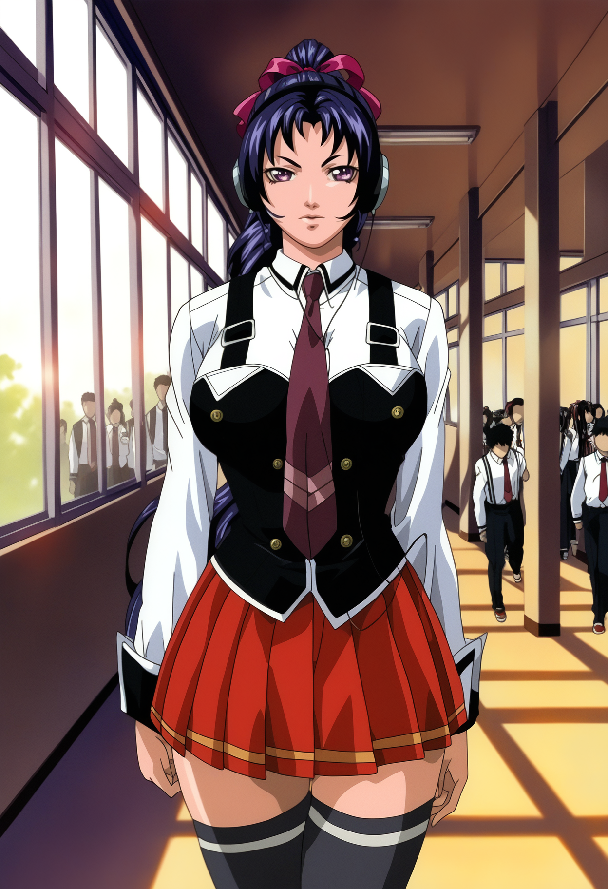 masterpiece, good quality, best quality, highres, very awa, bloom, shadow,
Kozono Nami, 1girl, solo, walking, cowboy shot, 
(headphones:1.1),  listening to music,  determined, wire, holding digital media player, digital walkman, 
long hair, purple hair, high ponytail, hair ribbon, purple eyes, 
looking at viewer, 
school uniform, vest, suspenders, red necktie, black thighhighs, pleated skirt, wavy hair, speed lines, motion lines, arms at sides, 
curvy, large breasts,
indoors, hallway, school, morning, window, sidelighting, sunlight, crowd, faceless male, 6+boys, 6+girls, 
<lora:Kozono Nami 3216 NoobAIXL Vpred L2:1>
