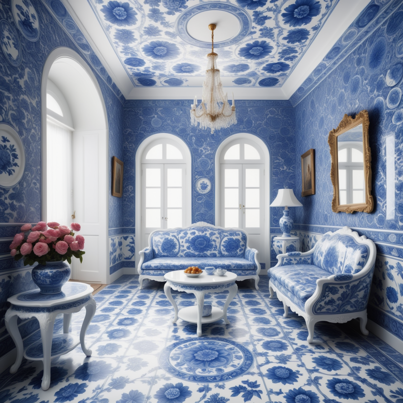 an Interior made out of Bluepatternporcelain ,  <lora:BluePatternPorcelainStyle:0.7>