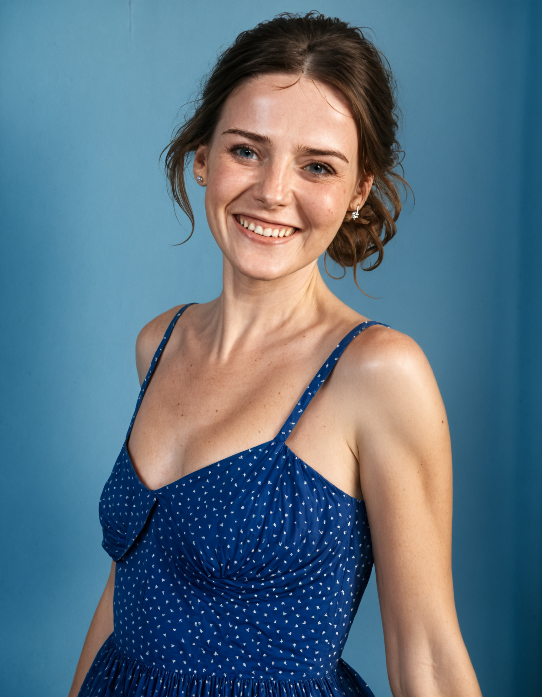 Skin Textures, High Resolution, High-Resolution Image, Cinematic, detailerlora, 1woman, portrait, happy, blue dress
