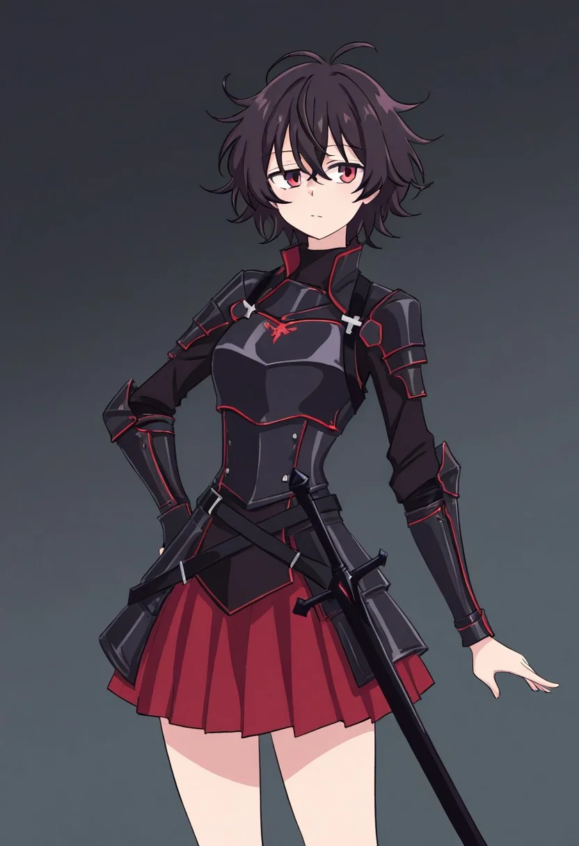score_9, score_8_up, score_7_up, score_6_up, score_5_up, 1girl, short black messy hair, red eyes, black chest plate, skirt made of black steel, black sword, (<OddlySmutty_style>)
