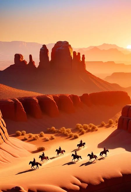 ispzxll, diorama, isometric, miniature, volumetric lighting style, intricate details, old west, americain frontier, wild west, cowboy era, desert, rocky mountains, red rocks, riding horseback, race, horse, fast, mountain view, dynamic frame, long shadows, golden hour, epic