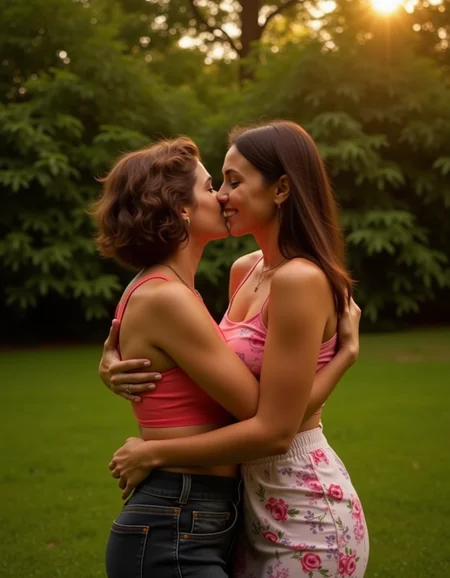 safe_pos,<lora:Lesbian Lovers (Flux):1>,two woman standing in a garden in a loving embrace on a warm summers day,