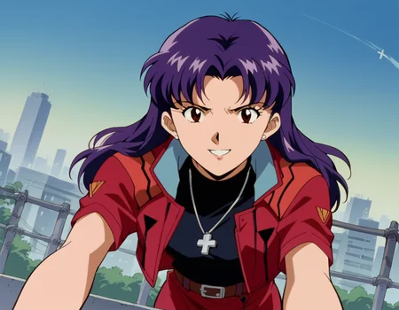 score_9, score_8_up, score_7_up, source_anime,
misatokatsuragi, <lora:misato-katsuragi-classic-ponyxl-lora-nochekaiser:1>,
misato katsuragi, long hair, brown eyes, purple hair, parted bangs,
skirt, jewelry, jacket, belt, necklace, uniform, cross, red jacket, pencil skirt, cross necklace, red skirt, black shirt, turtleneck, cropped jacket,
outdoors, cityscape, bent over, smile,
cowboy shot, looking at viewer, solo, dutch angle,