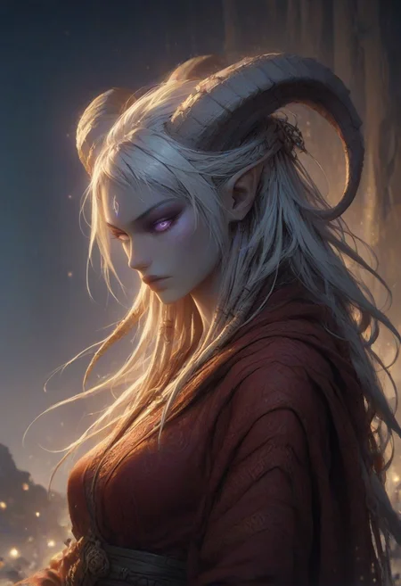 (absurdres, best quality, masterpiece:1.4), score_9, score_8_up, score_7_up, score_6_up, detailed, detailed body, detailed face, world of warcraft, fantasy, <lora:add-detail-xl:1.5>, 
fFaceDetail, SkinDetail, ((female, draenei, tall, athletic arms, pale white skin, smooth skin, long white hair, purple eyes, no pupil, no sclera, long white tail), (h0rns, ram horns, white horns), 
(long fingers, purple fingernails, purple nail polish)), 
(long loose red dress, simple armlet, black facemask, red silk scarf), GunMonk, shotgun, 
full body, side view
outdoor, evening, mountains,