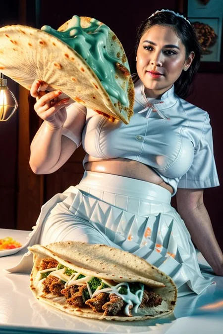 1girl, dripping, (white slime:1.3), white cheese, kneeling, realistic, pretty, closeup, office, office uniform, pencil skirt, (white skirt:1.8), (eating a taco), (huge taco:1.6), (looking at viewer:1.5), (dimly lit:1.4), fashion photography, intricatedetails, taco with cheese, mariachi band in background, (green slime sauce)