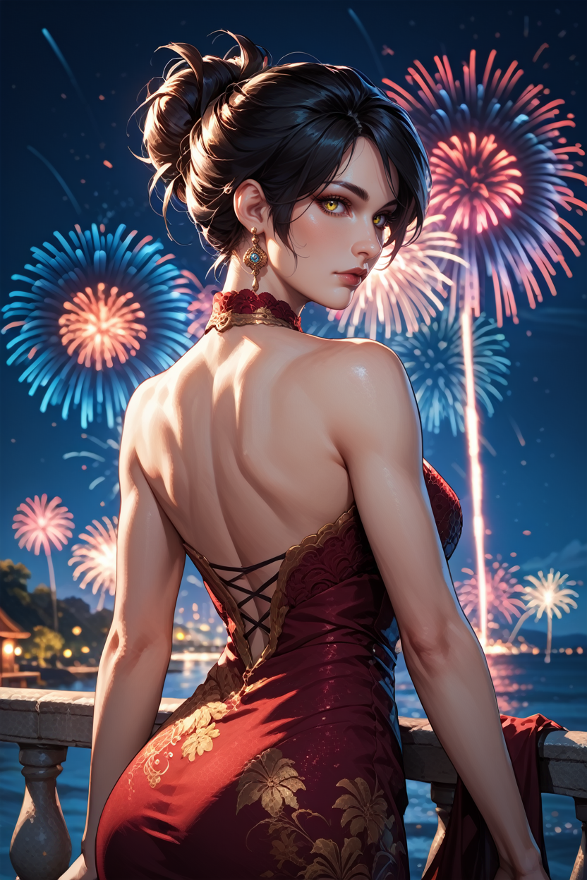 score_9, score_8_up, score_7_up,
<lora:DAMorrigan:0.8>
DAMorrigan, 1girl, black hair, yellow eyes, hair updo, looking at viewer, from behind, cowboy shot, dress, looking back, fireworks, at night