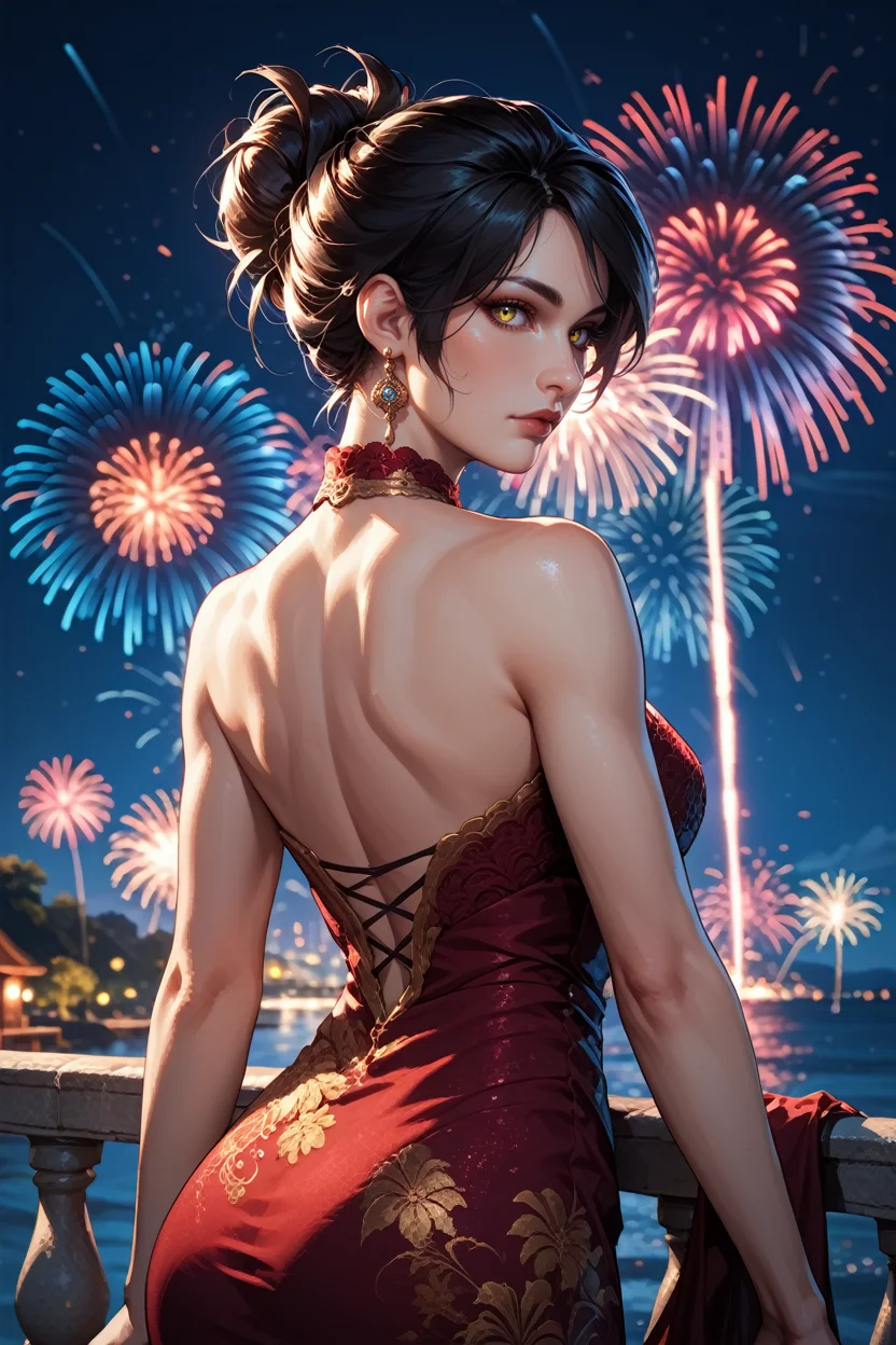 score_9, score_8_up, score_7_up,
<lora:DAMorrigan:0.8>
DAMorrigan, 1girl, black hair, yellow eyes, hair updo, looking at viewer, from behind, cowboy shot, dress, looking back, fireworks, at night