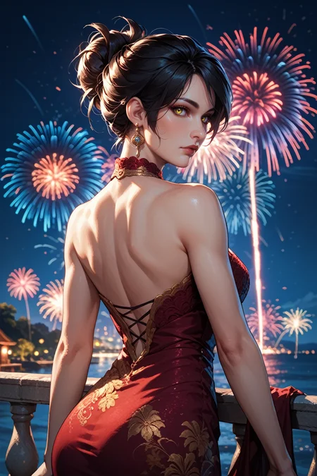 score_9, score_8_up, score_7_up,
<lora:DAMorrigan:0.8>
DAMorrigan, 1girl, black hair, yellow eyes, hair updo, looking at viewer, from behind, cowboy shot, dress, looking back, fireworks, at night