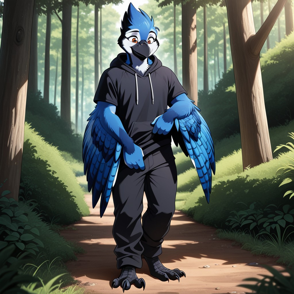 masterpiece, best quality, amazing quality, bluejaymaniail, anthro, male, blue_jay, blue feathers, blue feathered crest, orange eyes, talons, in a forest, black hoodie, black pants, winged arms, 1boy, male, male focus, <lora:8cb15479-a5d3-49fa-a41f-bf502be11602:1.0>