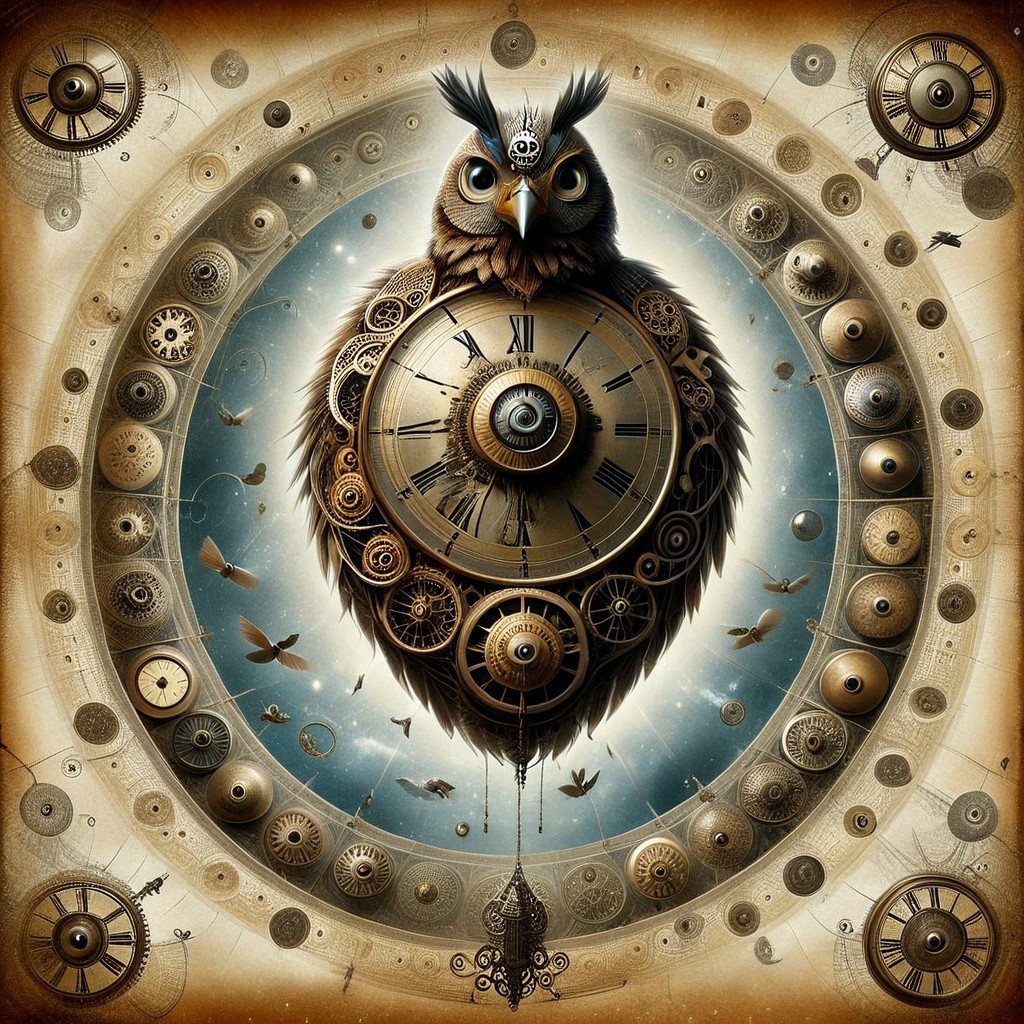 vintage-style poster with a bird's-eye view of an endless spiral made from clock faces, descending into infinity. At the center of the spiral, place a large, detailed head of Doctor Who, looking directly at the viewer. The atmosphere should be nostalgic and mystical, with a sense of adventure. Incorporate vintage typography and distressed textures to give the poster a retro feel. Use a warm color palette with shades of gold, brown, and cream to evoke a sense of aged paper. Add subtle lighting effects to highlight the Doctor's face and the clockwork details. The overall design should evoke a sense of timelessness and wonder
