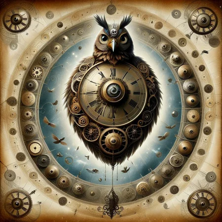 vintage-style poster with a bird's-eye view of an endless spiral made from clock faces, descending into infinity. At the center of the spiral, place a large, detailed head of Doctor Who, looking directly at the viewer. The atmosphere should be nostalgic and mystical, with a sense of adventure. Incorporate vintage typography and distressed textures to give the poster a retro feel. Use a warm color palette with shades of gold, brown, and cream to evoke a sense of aged paper. Add subtle lighting effects to highlight the Doctor's face and the clockwork details. The overall design should evoke a sense of timelessness and wonder