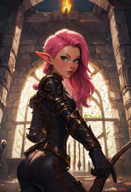 safe_pos, score_9, score_8_up, score_7_up, pov from the side, dynamic pose, beautiful, pink hair, female elf, glowing green eyes, long hair, small breasts, pink lipstick, dark black leather armor, holding enchanted shortsword, dungeon background,
BREAK
(((fully clothed)))