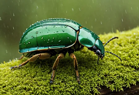 Cinematic, Cinematic Lighting, Cinematic Shot, extremely detailed, Film Still, macro photography, depth of field,  high detail, hires textures, incredibly detailed, intricate details, intricate diorama, masterpiece, Movie Still, outstanding intricacies, photorealism, true masterpiece, fountain background, glamourous, Stately, scarab beetle, rain beetle, cry5t415ku11, Pleocoma badia, Pacific Northwest conifer forest, sitting on a rotten log with moss and fungi.