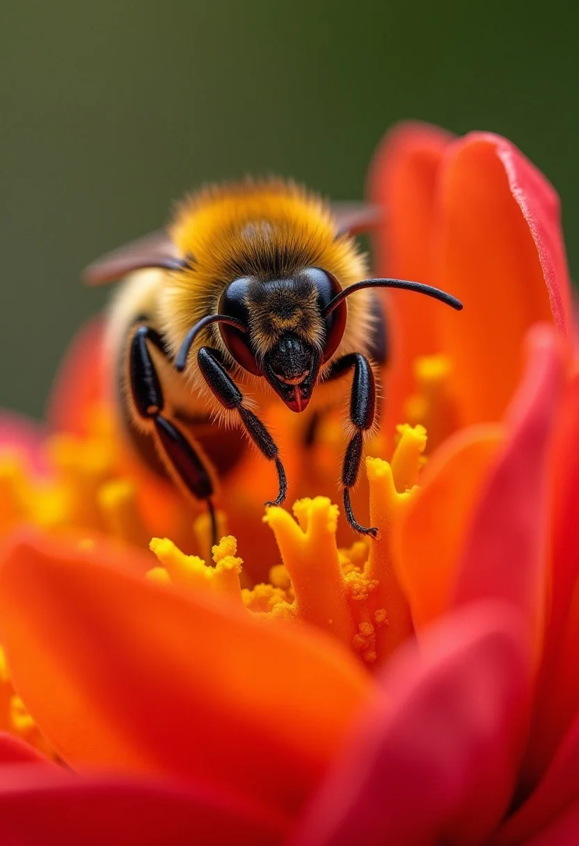 score_9, score_8_up, score_7_up, score_6_up, Award-winning, hyper-detailed 8K macro photograph of a vibrant honeybee perched delicately on a brightly colored flower. The image should showcase the bee's intricate textures and features, with a sharp focus on how the bee collects pollen on its legs. Every fine detail, from the delicate hairs on the bee’s legs to the pollen grains clinging to them, should be clearly visible in stunning HDR quality. The flower petals should appear soft yet detailed, with a vibrant color contrast. The background should be a gentle, blurred bokeh effect, emphasizing the tiny, hidden kingdom of the insect. The lighting should enhance the fine textures and the glistening pollen, creating a breathtaking, microscopic-like view that's perfect for an award-winning shot