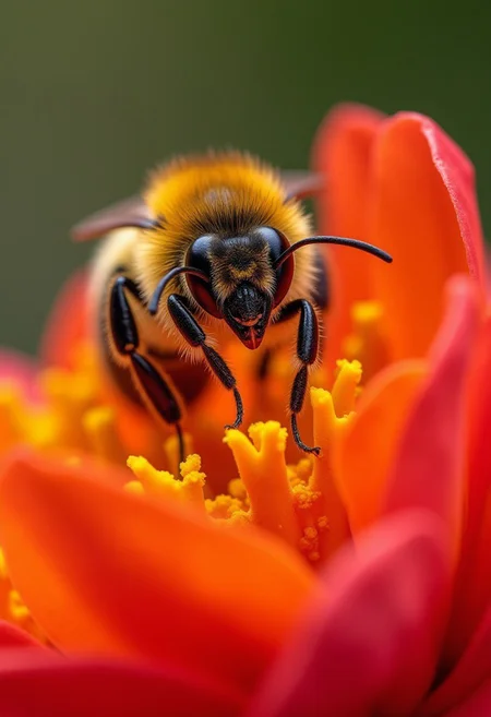 score_9, score_8_up, score_7_up, score_6_up, Award-winning, hyper-detailed 8K macro photograph of a vibrant honeybee perched delicately on a brightly colored flower. The image should showcase the bee's intricate textures and features, with a sharp focus on how the bee collects pollen on its legs. Every fine detail, from the delicate hairs on the bee’s legs to the pollen grains clinging to them, should be clearly visible in stunning HDR quality. The flower petals should appear soft yet detailed, with a vibrant color contrast. The background should be a gentle, blurred bokeh effect, emphasizing the tiny, hidden kingdom of the insect. The lighting should enhance the fine textures and the glistening pollen, creating a breathtaking, microscopic-like view that's perfect for an award-winning shot