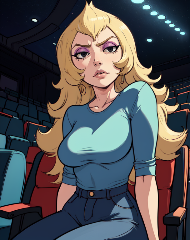 Vidalia, blond hair, make up, black eyes,  long hair, 
 blue shirt,   jeans,  
upper body, serious,  hips,  sitting, 
night, open movie theater, 
(insanely detailed, beautiful detailed face, masterpiece, best quality) cinematic lighting, 
 <lora:Vidalia:0.7>