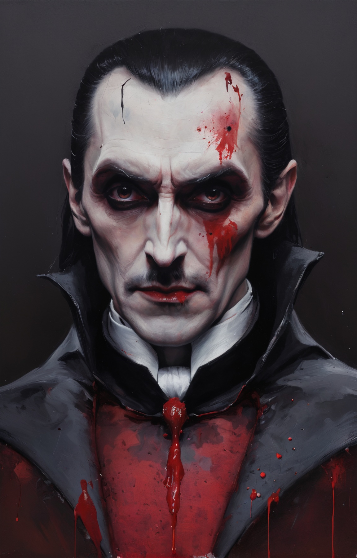 a colorful painting of count dracula, extreme close-up, halloween theme aesthetics, blood splatter, in the style of nicola samori <lora:NicolaSamori:0.6>