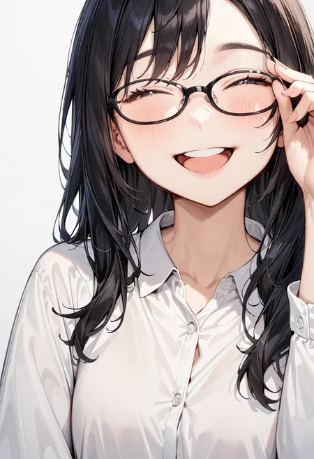 masterpiece, best quality, very aesthetic, absurdres,
1girl, solo, black hair, long hair,
oval_cell, glasses, black-framed eyewear,
collared shirt, happy, smile, looking at another, adjusting eyewear, white background, simple background,
<lora:oval_glasses_cell-frame2_SDXL_V1:0.8>