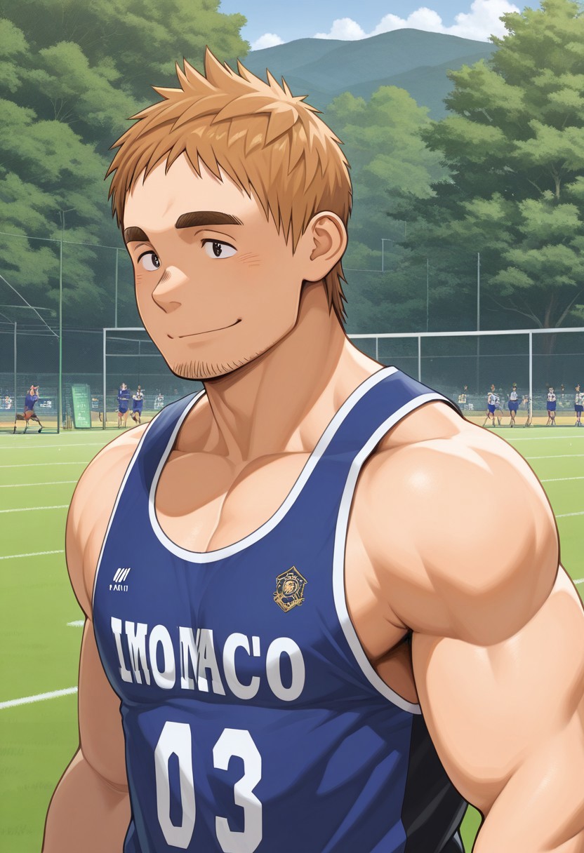masterpiece,best quality,absurdres,newest,perfect quality,best quality,absolutely eye-catching,detailed background,intricate details,male focus,solo,Ishikawa EIKISHI, 1boy, Brown hair,black eyes, thick eyebrows, facial hair, muscular body,outdoors,soccer tank top, smile,