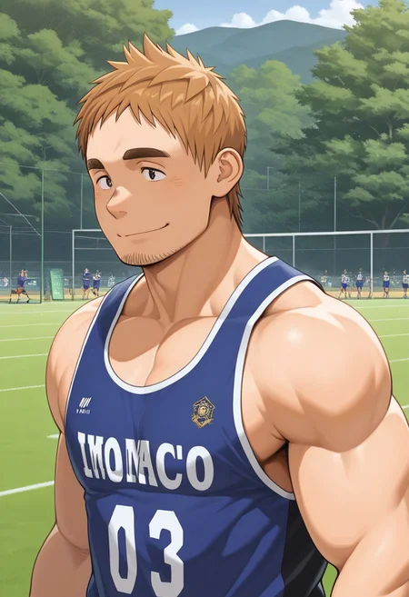 masterpiece,best quality,absurdres,newest,perfect quality,best quality,absolutely eye-catching,detailed background,intricate details,male focus,solo,Ishikawa EIKISHI, 1boy, Brown hair,black eyes, thick eyebrows, facial hair, muscular body,outdoors,soccer tank top, smile,