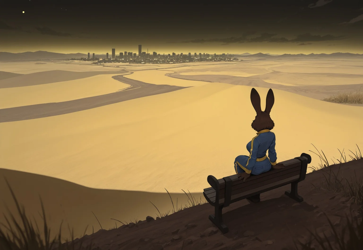 masterpiece, best quality, good quality, very awa, newest, highres, absurdres, highres, very aesthetic, (furry:1.5), fur, fur covered, (no humans:1.3), bycooliestylehigh, DS-Illu, hualidefengge,
BREAK,
1girl, solo, female anthro rabbit, medium breasts, oversize rabbit ears, fluffy brown fur, blue jumpsuit, yellow trim, vault girl clothing, "69" decal sitting on bench, facing away, very wide shot, coat,
BREAK,
black sky, clouds, at night, landscape, scenery, mojave desert, fallout: new vegas, fallout \(series\), wasteland, city, new vegas, dry grass, plains, desert, roads, moonlight, night, dieselpunk, atompunk, hand over bench, limited palette, high angle view, valley, horizon, (negative space:1.3), high angle view, yellow filter,
BREAK, high contrast lighting, complementary colors, dynamic lighting, harsh light, depth of field, detailed background, evocative composition, dynamic contrasts
