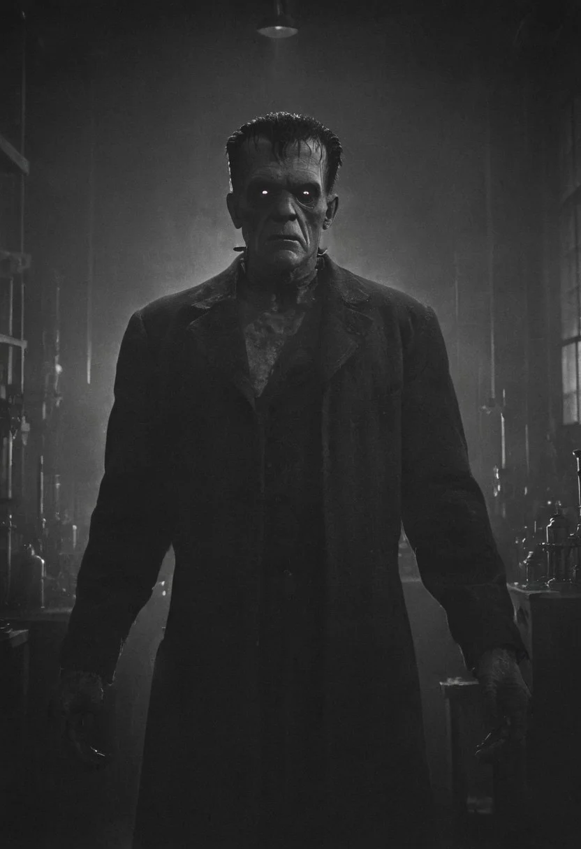 In a stark, shadow-filled laboratory, Frankenstein’s monster stands tall, his towering frame silhouetted against a backdrop of vintage scientific equipment. The scene is rendered in the dramatic contrast of black and white, capturing the iconic look of the 1931 film. His heavily scarred face, square head, and bolts protruding from his neck are illuminated by flickering lightning through the laboratory windows. His expression is one of silent anguish, as he raises his arms slightly, palms up, as though trying to understand his own existence. The background is a jumble of sparking, outdated machinery, with thick electrical coils, glass beakers, and old-fashioned dials casting ominous shadows. The atmosphere is tense, with a haunting stillness, reminiscent of the original Frankenstein film’s eerie, gothic atmosphere from 1931.