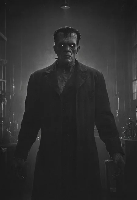 In a stark, shadow-filled laboratory, Frankenstein’s monster stands tall, his towering frame silhouetted against a backdrop of vintage scientific equipment. The scene is rendered in the dramatic contrast of black and white, capturing the iconic look of the 1931 film. His heavily scarred face, square head, and bolts protruding from his neck are illuminated by flickering lightning through the laboratory windows. His expression is one of silent anguish, as he raises his arms slightly, palms up, as though trying to understand his own existence. The background is a jumble of sparking, outdated machinery, with thick electrical coils, glass beakers, and old-fashioned dials casting ominous shadows. The atmosphere is tense, with a haunting stillness, reminiscent of the original Frankenstein film’s eerie, gothic atmosphere from 1931.