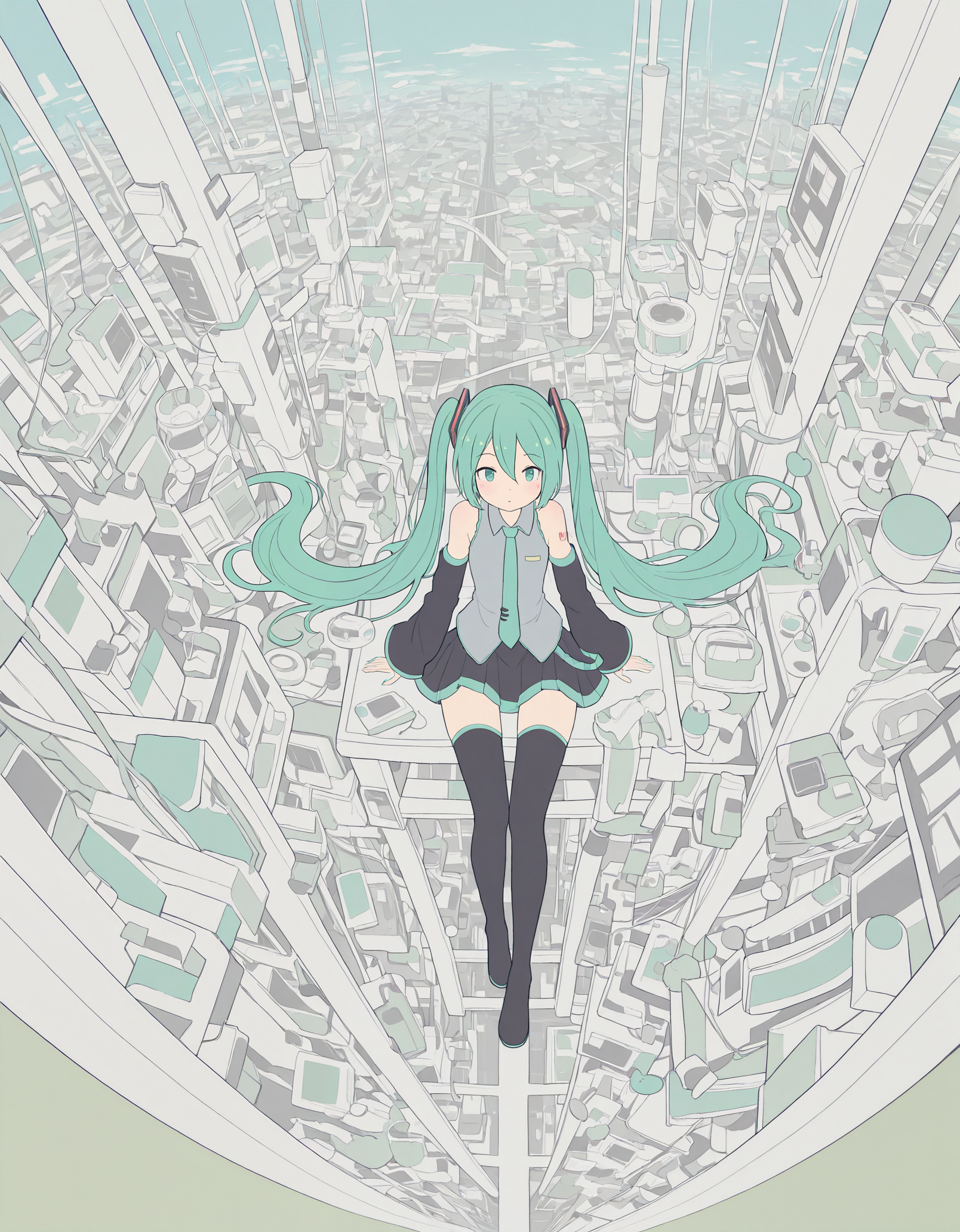 masterpiece,  best quality, newest, highres, absurdres, <lora:hebitsukai_style:1>,hebitsukai_illu, hatsune miku, 1girl, solo, long hair, twintails, skirt, necktie, thighhighs, detached sleeves, flat color, very long hair, green hair, zettai ryouiki,detailed background,