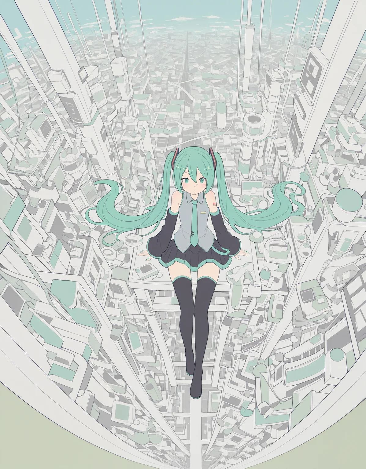 masterpiece, best quality, newest, highres, absurdres, <lora:hebitsukai_style:1>,hebitsukai_illu, hatsune miku, 1girl, solo, long hair, twintails, skirt, necktie, thighhighs, detached sleeves, flat color, very long hair, green hair, zettai ryouiki,detailed background,