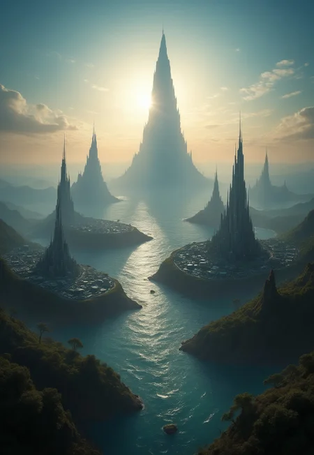 Roger Dean-inspired creative scene of an extraterrestrial civilization. At the center of the image stands a magnificent and awe-inspiring alien city rising from an endless expanse of interstellar ocean, seemingly transcending Earth's architectural artistry. The city is composed of transparent crystal and metals that shimmer with various colors of light. They intertwine and cross, forming a complex and intricate network structure. The appearance of the city presents a unique style where fluidity and static beauty coexist, resembling a living piece of art, with each wall continuously changing its shape and color, displaying endless vitality. A part of the city floats in mid-air, supported by delicate energy fibers that sway gently with the wind, emitting soft and pleasing sounds. From here, one can clearly see that the interior of the city is filled with lush botanical gardens and crystal-clear bodies of water, perfectly integrated into their surrounding environment, adding a touch of vitality to this alien civilization's home.
 (8k uhd:1,4) 
<lora:add-detail-xl:1> 
<lora:Dynamic Poses:1>