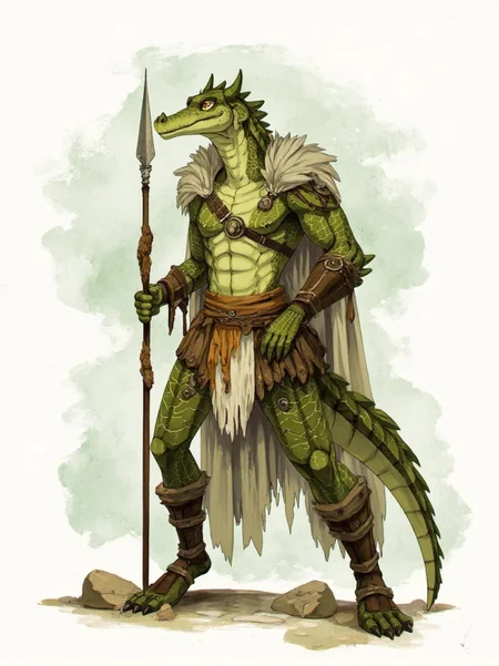 <lora:ck-LttleGhost-000011.safetensors:1> in the style of ck-lttlegh0stA muscular, anthropomorphic crocodile warrior stands defiantly, clad in rugged, earth-toned armor and loincloth. Its green scales contrast with its armor, which is detailed and weathered. A tattered cloak flows behind, emphasizing the dynamic pose. The warrior holds a spear at attention, exuding an air of fierce readiness as it dominates the watercolor background.