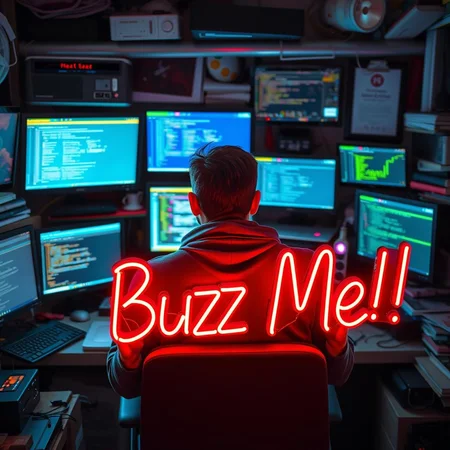 A coder behind a array of screens in a cluttered room
<lora:Expressive_H:0.8>,<lora:NeedBuzz_sign_Illustrious:1>,holding a neon sign 'Buzz Me!'.